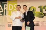 <br />Mr Andrea Sacchi from The Fullerton Hotel Singapore, with a culinary career spanning 21 years and six countries, emerges as the recipient and Mr Thibault Pointe, Vice President Sales & Marketing Asia Pacific India, Shanghai, China for Bernardaud, presents him with the award.